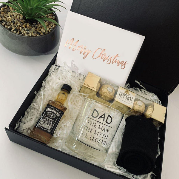 personalised black gift box, black bamboo socks, personalised whiskey glass, ferrero Rocher chocolates, personalised card
