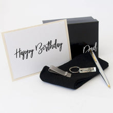 Load image into Gallery viewer, Personalised Black Gift Box, Black bamboo socks, sterling silver money clip, dad key ring, Stainless steel two toned ball poin pen