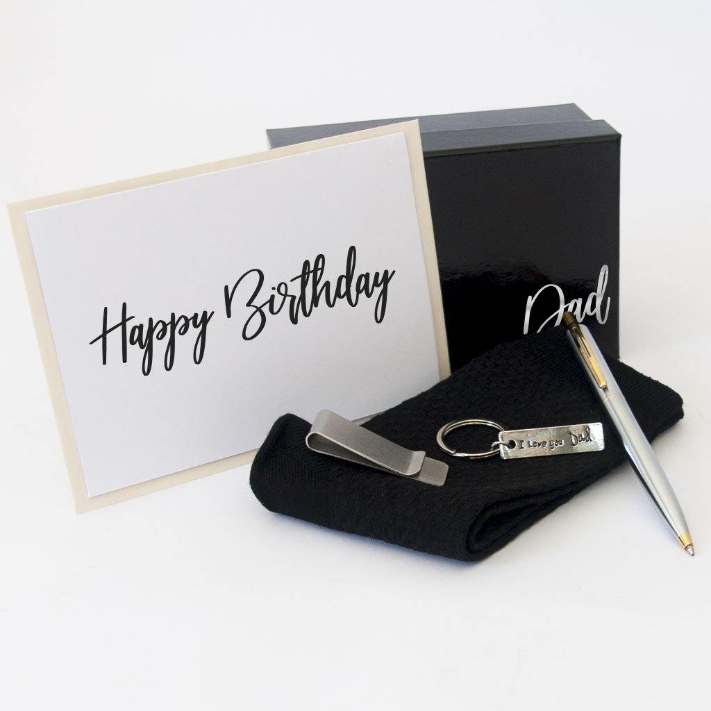 Personalised Black Gift Box, Black bamboo socks, sterling silver money clip, dad key ring, Stainless steel two toned ball poin pen