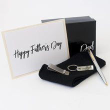 Load image into Gallery viewer, Personalised Black Gift Box, black bamboo socks, two toned ball point pen, Stainless steel Money clip, Dad key ring, Personalised Greeting Card