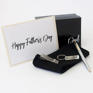 Personalised Black Gift Box, black bamboo socks, two toned ball point pen, Stainless steel Money clip, Dad key ring, Personalised Greeting Card