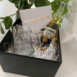 black gift box, personalised beer stein, beer, personalised gift card