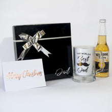 Load image into Gallery viewer, black gift box, personalised beer stein, beer, personalised gift card