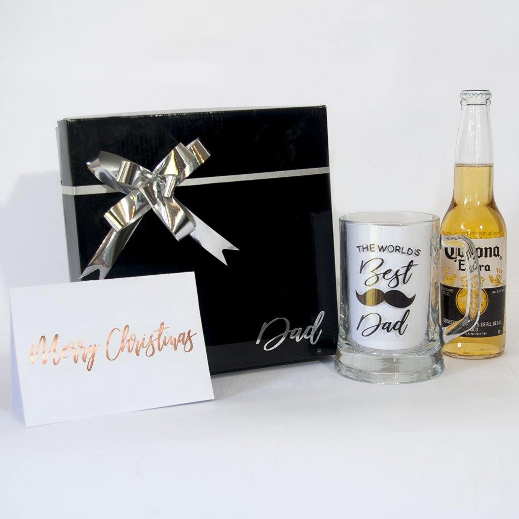 black gift box, personalised beer stein, beer, personalised gift card