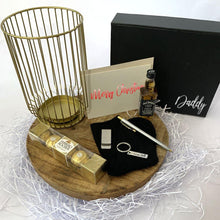 Load image into Gallery viewer, black gift box, shot glass, ferrero rocher chocolates, black bamboo socks, stainless steel two toned pen, stainless steel dad keyring, stainless steel money clip, personalised greeting card