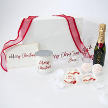 Load image into Gallery viewer, White and Red Personalised Christmas Gfit Box, Moet, Personalised Stemless Wine Flute, Holographic shimmer bath bomb, personalised Christmas Bauble, Personalised Christmas card, 