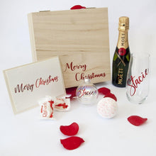 Load image into Gallery viewer, Timber Merry Christmas Gift Box, Moet, Stemless Wine Glass, Personalised Christmas Bauble, Holograhic Shimmer Bath Fizzy, Raffaello Chocolates, personalised Christmas Card