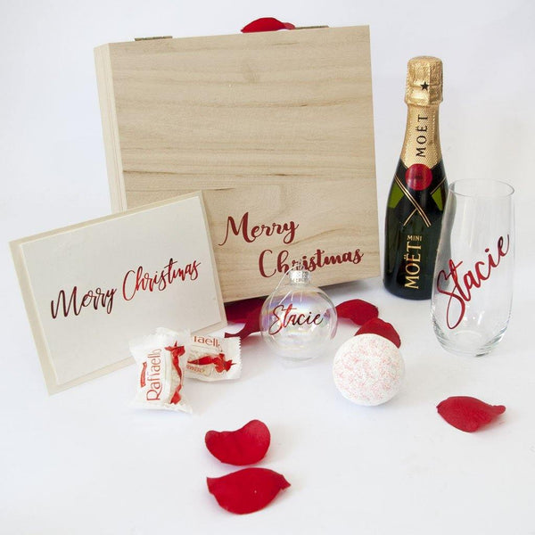 Timber Merry Christmas Gift Box, Moet, Stemless Wine Glass, Personalised Christmas Bauble, Holograhic Shimmer Bath Fizzy, Raffaello Chocolates, personalised Christmas Card