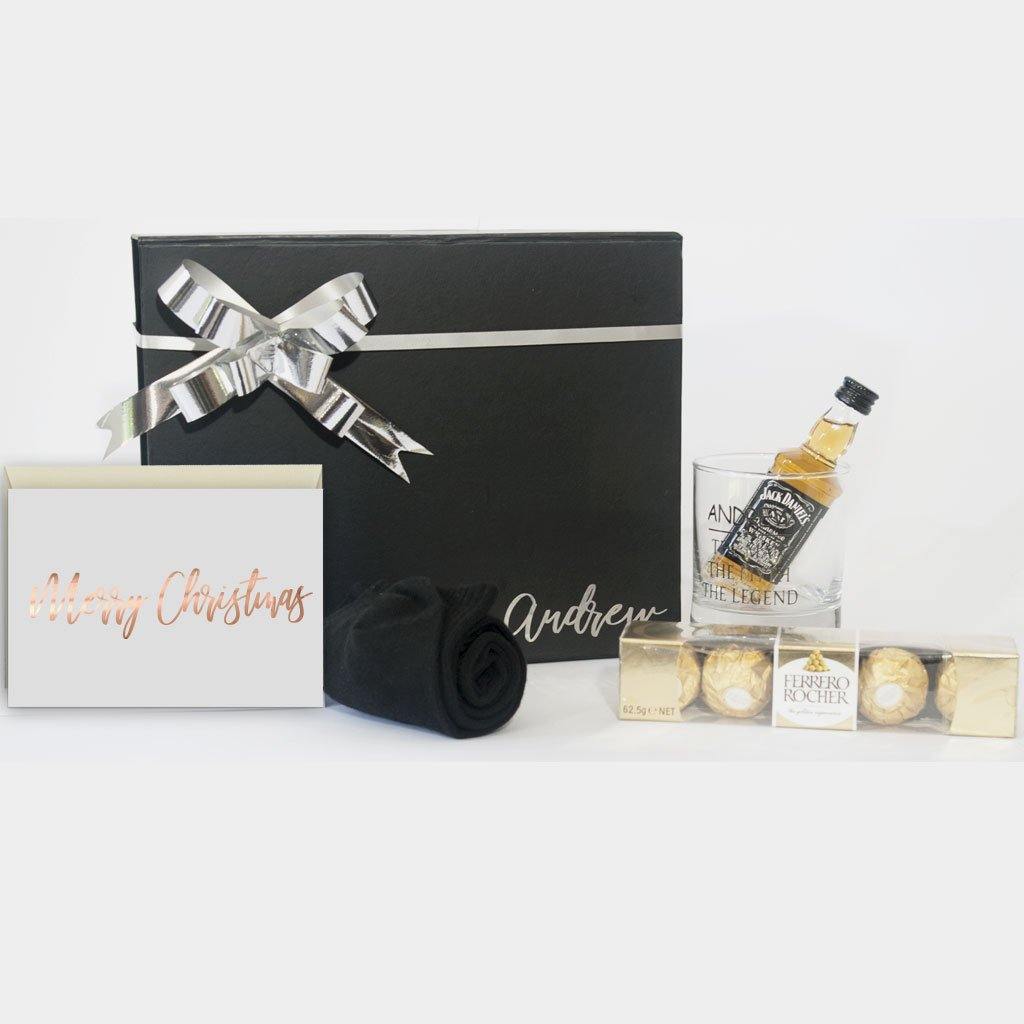 personalised balck gift box, black bamboo socks, personalised whiskey glass, ferrero Rocher chocolates, personalised card