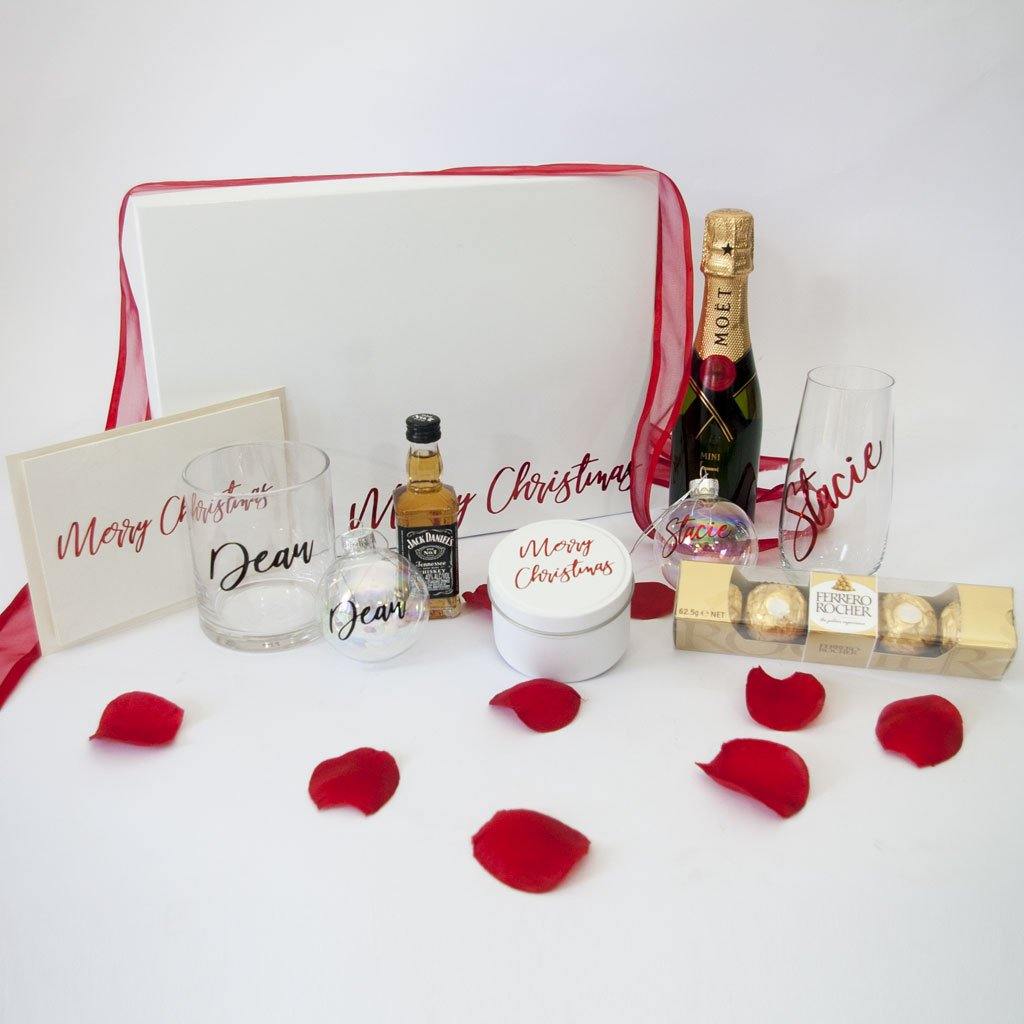 Personalised Couples Gif Box, personalised stemless wine glass, stemless spirit glass, personalised Baubles, Moet. ferrero rocher chocolates, personalised Christmas Card