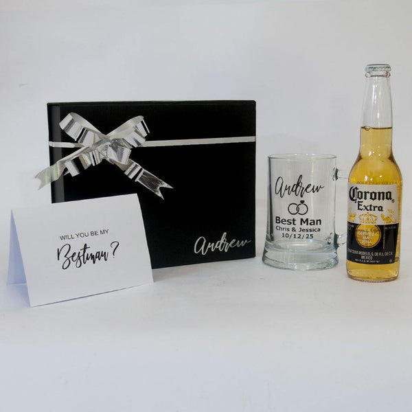 Personalised black gift box with Personalised wedding beer stein, Beer and card