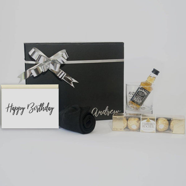 Personalised Black Gift Box with personalised sprit glass, spirit, socks, ferrero rocher chocolates and a greeting card