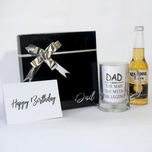 Load image into Gallery viewer, Black Gift Box with Dad, Beer stein Dad the man, the myth, the legend, Beer and greetin card.