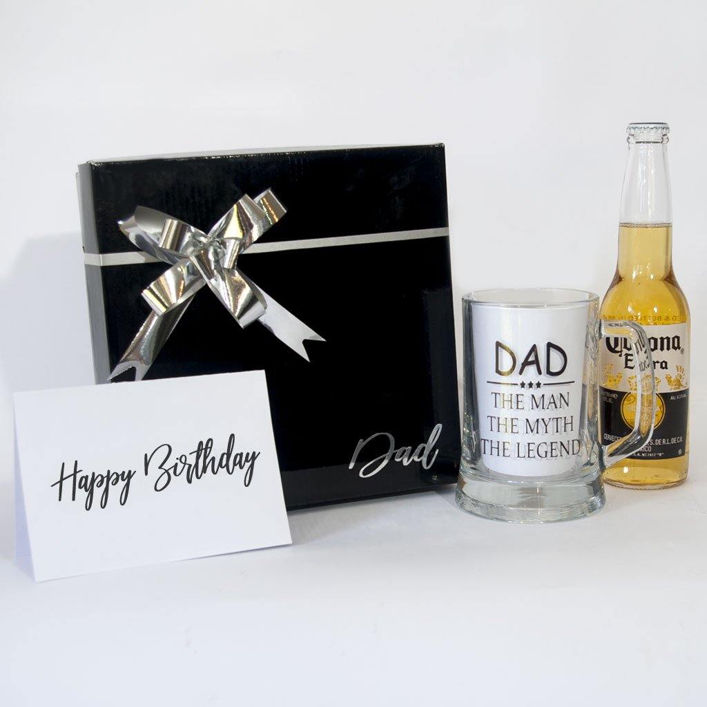 Black Gift Box with Dad, Beer stein Dad the man, the myth, the legend, Beer and greetin card.