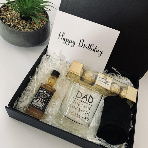 Personalised Black Gift Box with personalised sprit glass, spirit, socks, ferrero rocher chocolates and a greeting card
