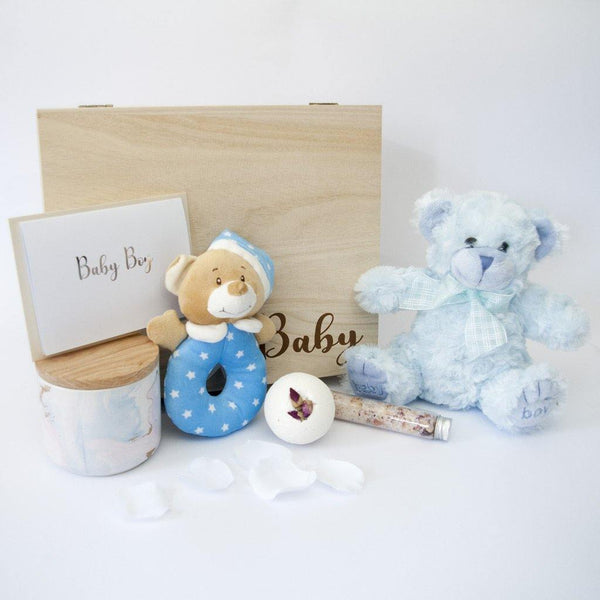 Newborn Baby Boy Luxury Hamper - With Timber Keep Sake Gift Box - PrettyLittleGiftBox