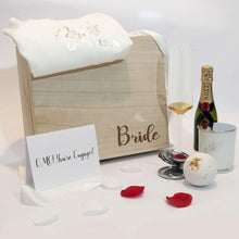 Load image into Gallery viewer, timber gift box filled with wine flute custom card bath fizzer candle gown
