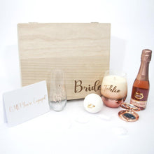 Load image into Gallery viewer, Personalised Timber Box, personalised stemless wine flute, bath fizzy, moscato, Personalised rose gold candle, greeting card