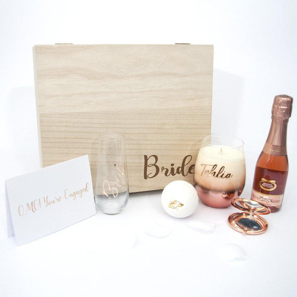 Personalised Timber Box, personalised stemless wine flute, bath fizzy, moscato, Personalised rose gold candle, greeting card