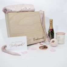 Load image into Gallery viewer, Bridesmaid proposal Gift Box with Moet, Bath Robe Personalised Champagne flute, Bath Fizzer, wine, Compact mirror, candle and card