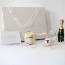 Load image into Gallery viewer, Personalised White Gloss Gift Box, Personalised Candle, Moet, Personalised stemless wine glass, Rose Shea bath fizzy, Moet, personalised greeting card