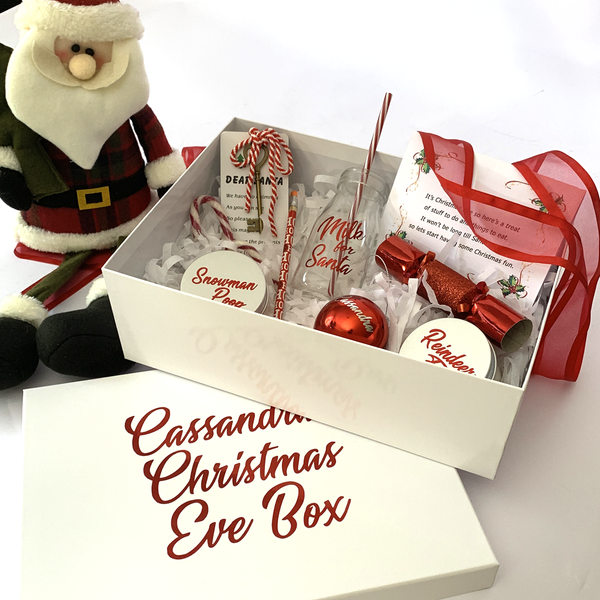 personalised christmas eve bix with santa key, pencil, personalised bauble, personalised good certificate, santa milk bottle, reindeer food, snowman poo, bon bon, cnady cane