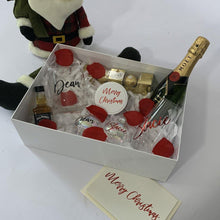 Load image into Gallery viewer, Personalised Couples Gif Box, personalised stemless wine glass, stemless spirit glass, personalised Baubles, Moet. ferrero rocher chocolates, personalised Christmas Card