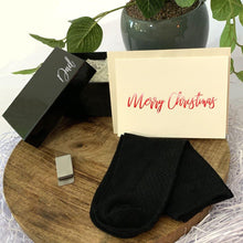 Load image into Gallery viewer, black personalised gift box, black bamboo socks, Stainless steel money clip, personalised christmas card