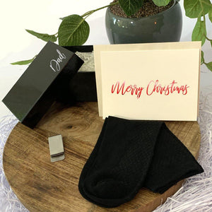 black personalised gift box, black bamboo socks, Stainless steel money clip, personalised christmas card