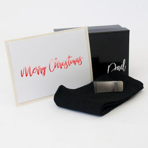 black personalised gift box, black bamboo socks, Stainless steel money clip, personalised christmas card