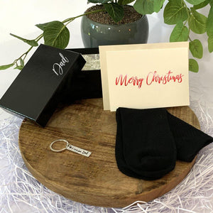 Personalised black gift box, black bamboo socks, stainless steel dad key ring, personalised gretting card.