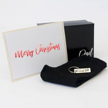 Load image into Gallery viewer, Personalised black gift box, black bamboo socks, stainless steel dad key ring, personalised gretting card.