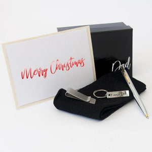 Personalised gift box, dad key ring, money clip, pen and personalised Christmas gift card