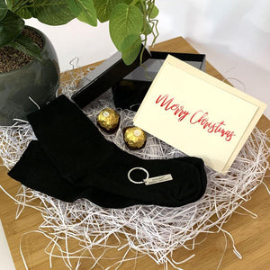 Personalised Gift black gift box, black bamboo socks, stainless steel dad keyring, ferrero rocher chocolates, personalised greeting card
