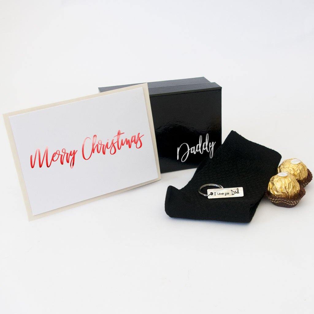 Personalised Gift black gift box, black bamboo socks, stainless steel dad keyring, ferrero rocher chocolates, personalised greeting card