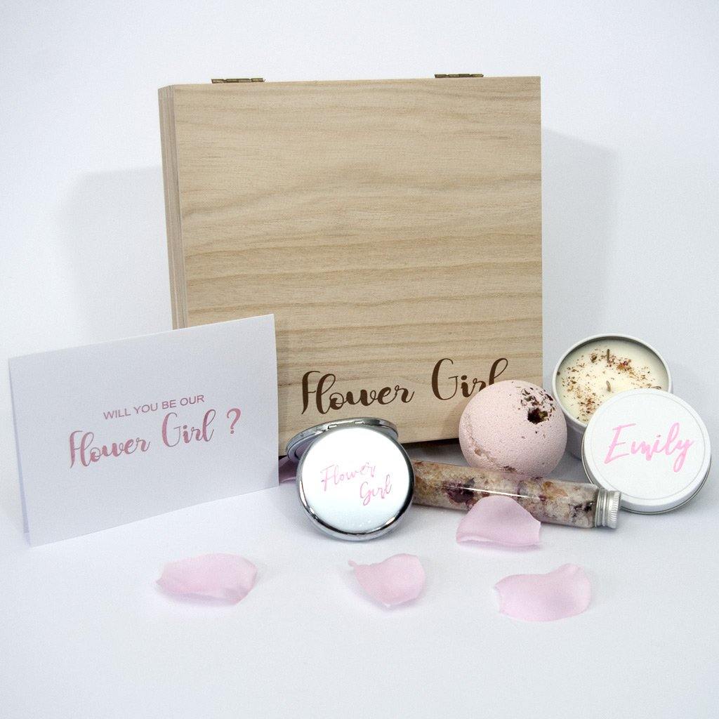 Personalised timber flower girl box, personalised compact mirror, personalised candle, bath bomb and rose petal bath salts and a personalised card
