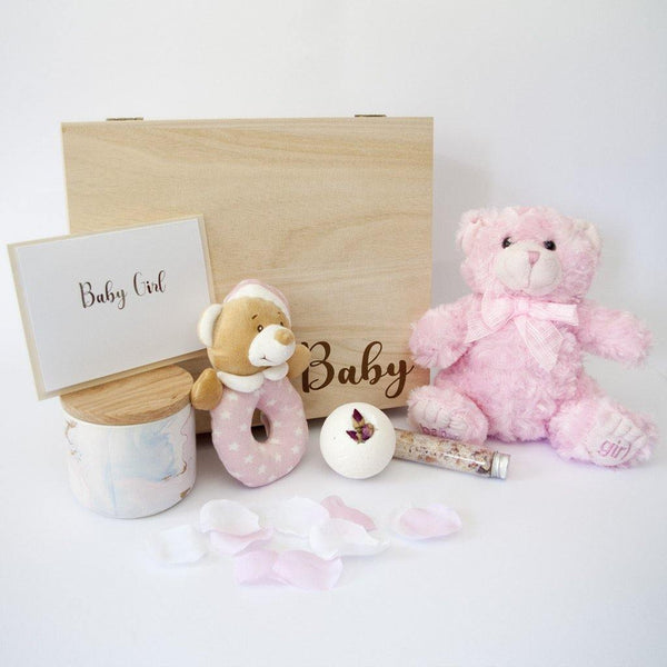 Newborn Baby Girl Luxury Hamper - With Timber Keep Sake Gift Box - PrettyLittleGiftBox