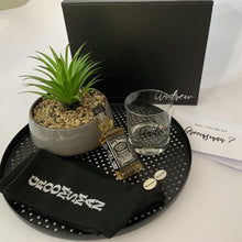 Load image into Gallery viewer, Personalised Black Gift Box with personalised sprit glass, sprit, Groomsmen socks, Groomsmen Cufflinks, and card
