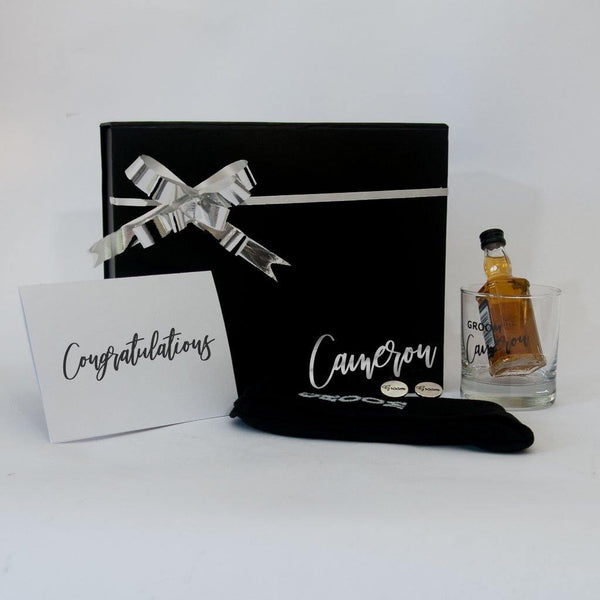 Personalised Black Gift Box with personalised Groom sprit glass, sprit, socks,Groom Cufflinks  and a greeting card