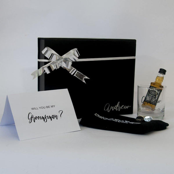 Personalised Black Gift Box with personalised sprit glass, sprit, Groomsmen socks, Groomsmen Cufflinks, and card