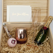 Load image into Gallery viewer, styled cristina re flute in a timber gift box with moet