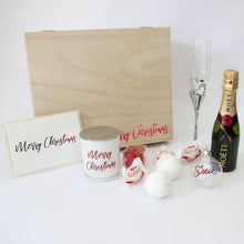Load image into Gallery viewer, Timber Personalised gift box, silver wine flute, mowt, merry christmas soy candle, holographic shimmer bath fizzy, personalised bauble, personalised christmas card