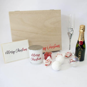 Timber Personalised gift box, silver wine flute, mowt, merry christmas soy candle, holographic shimmer bath fizzy, personalised bauble, personalised christmas card