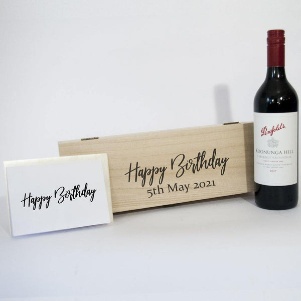 Personalised Happy Birthday Timber Box with Penfolds Red wine and card