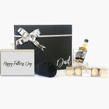 Load image into Gallery viewer, Personalised Black Gift Box with personalised sprit glass, sprit, socks, ferrero rocher chocolates and a greeting card