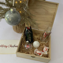 Load image into Gallery viewer, Timber Merry Christmas Gift Box, Moet, Stemless Wine Glass, Personalised Christmas Bauble, Holograhic Shimmer Bath Fizzy, Raffaello Chocolates, personalised Christmas Card