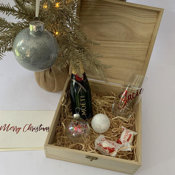 Timber Merry Christmas Gift Box, Moet, Stemless Wine Glass, Personalised Christmas Bauble, Holograhic Shimmer Bath Fizzy, Raffaello Chocolates, personalised Christmas Card