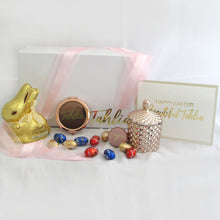 Load image into Gallery viewer, Easter Gift Box for Kids includes candle and compact mirror with lip balm all in a gold colour with customised foil greeting card