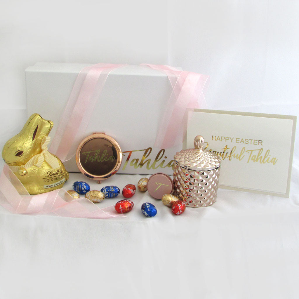 Easter Gift Box for Kids includes candle and compact mirror with lip balm all in a gold colour with customised foil greeting card