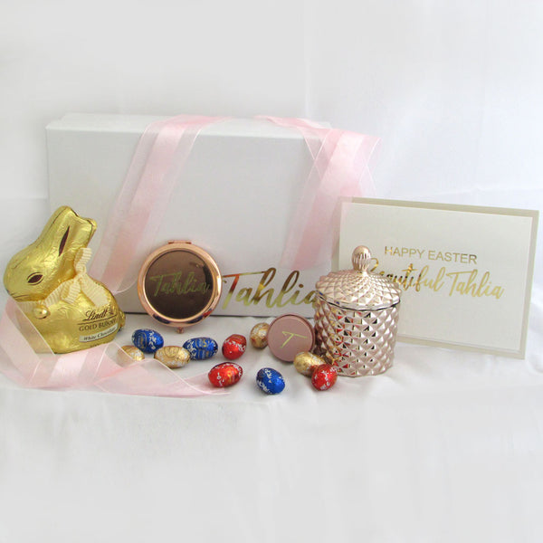 Easter Gift Box for Kids includes candle and compact mirror with lip balm all in a gold colour with customised foil greeting card
